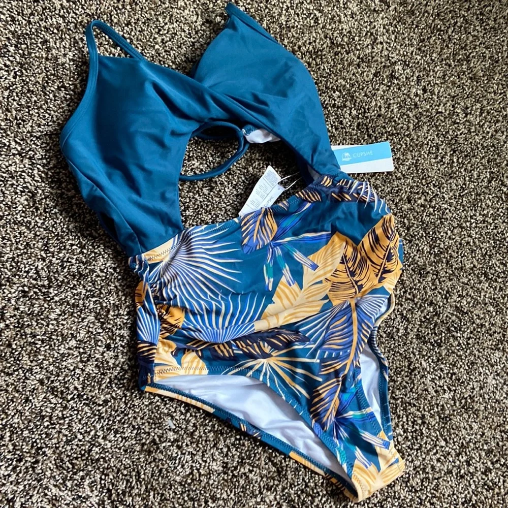 Cupshe Blue & Orange Tropical One-Piece, NWT - Picture 3 of 6